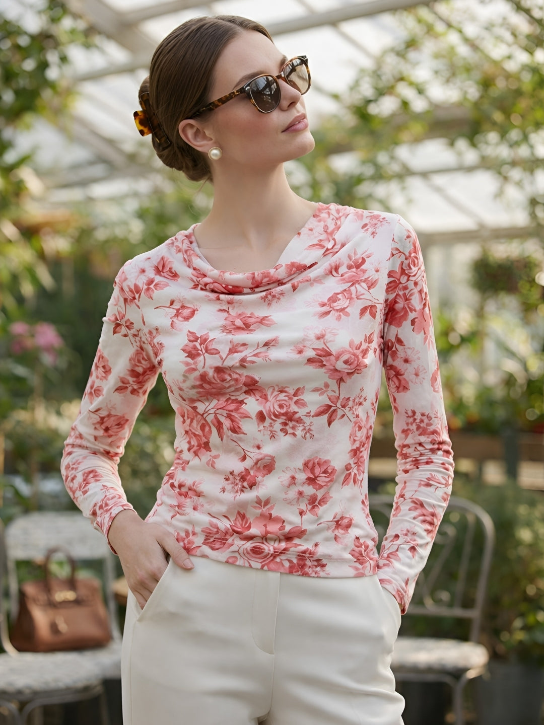 Clobug Women Printed Net Full Sleeve Cowl Neck Blue Crop Top