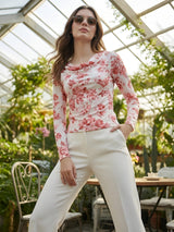 Clobug Women Printed Net Full Sleeve Cowl Neck Blue Crop Top