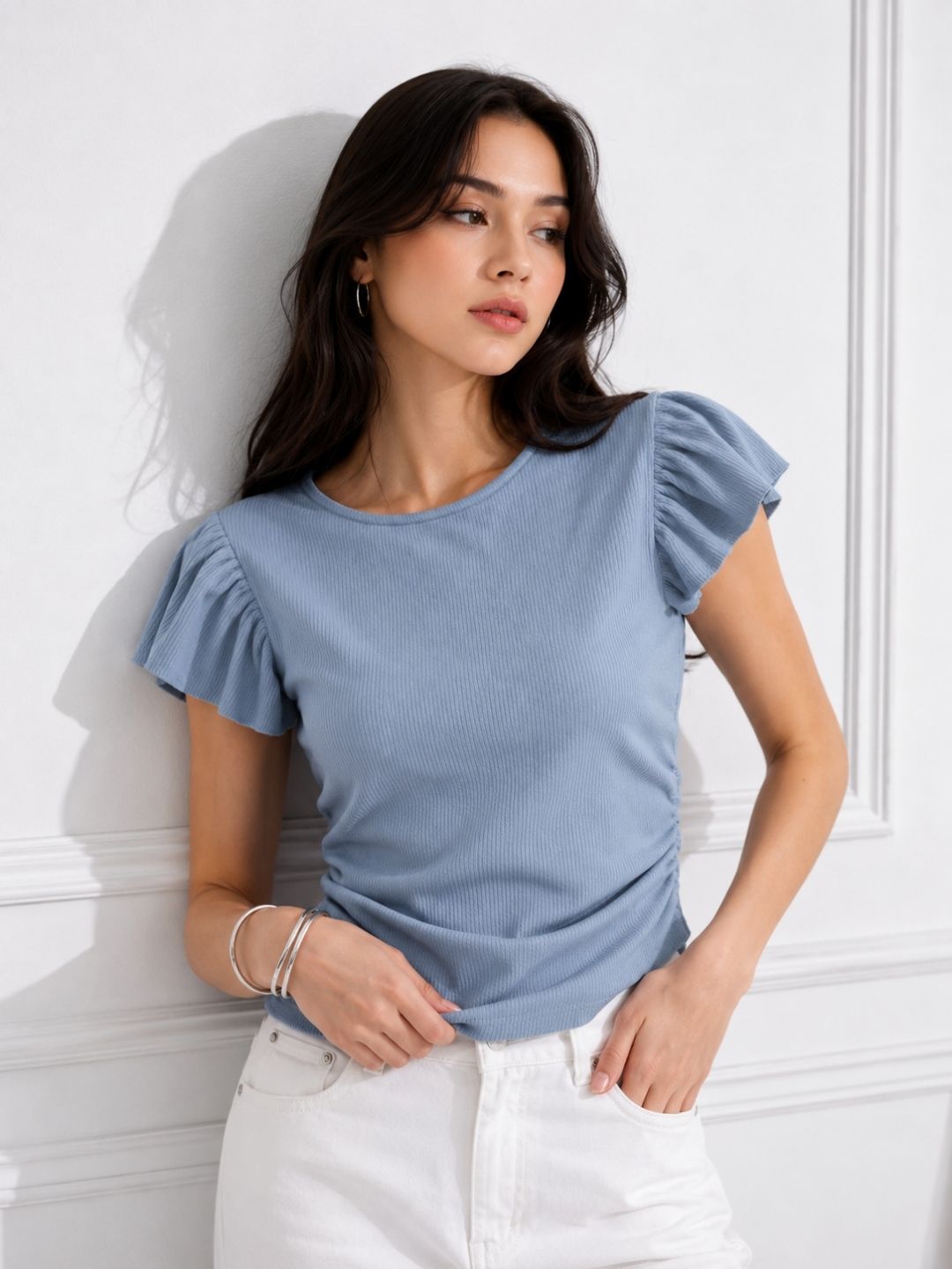Women's Blue Round Neck Crop Top
