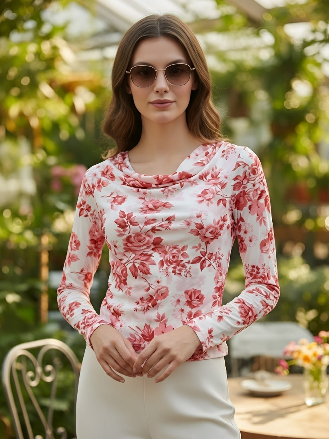 Clobug Women Printed Net Full Sleeve Cowl Neck Blue Crop Top