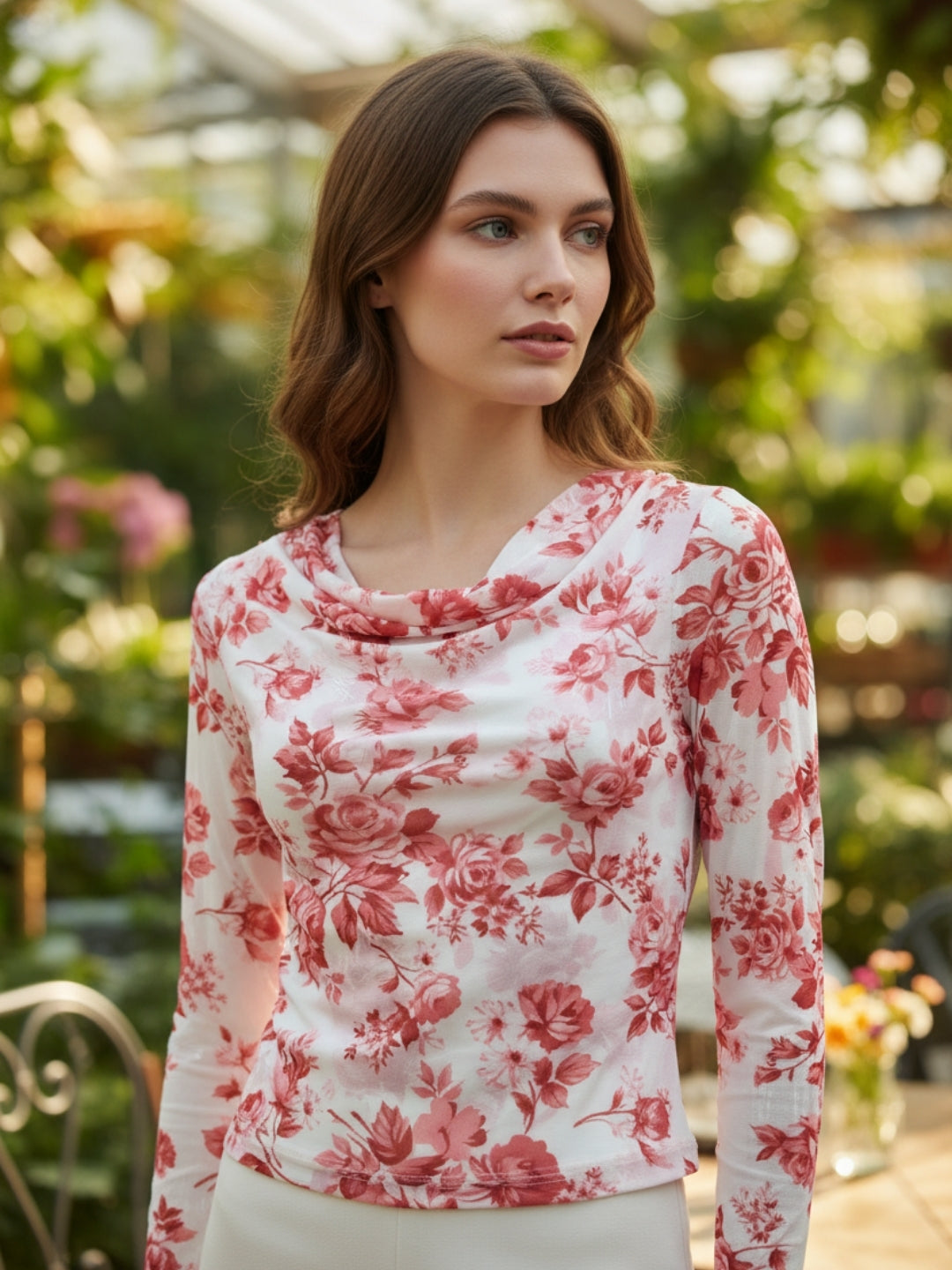 Clobug Women Printed Net Full Sleeve Cowl Neck Blue Crop Top