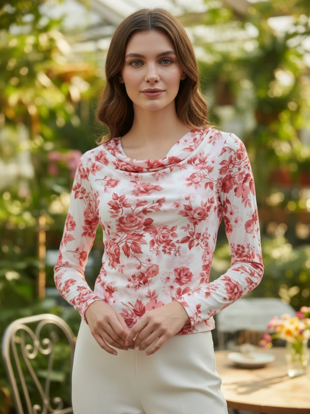 Clobug Women Printed Net Full Sleeve Cowl Neck Blue Crop Top