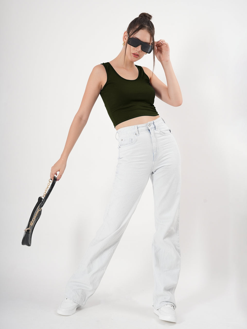 Solid Sleeveless Round Neck Crop Top