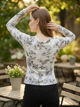 Clobug Women Printed Net Full Sleeve Cowl Neck Blue Crop Top