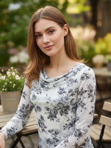 Clobug Women Printed Net Full Sleeve Cowl Neck Blue Crop Top