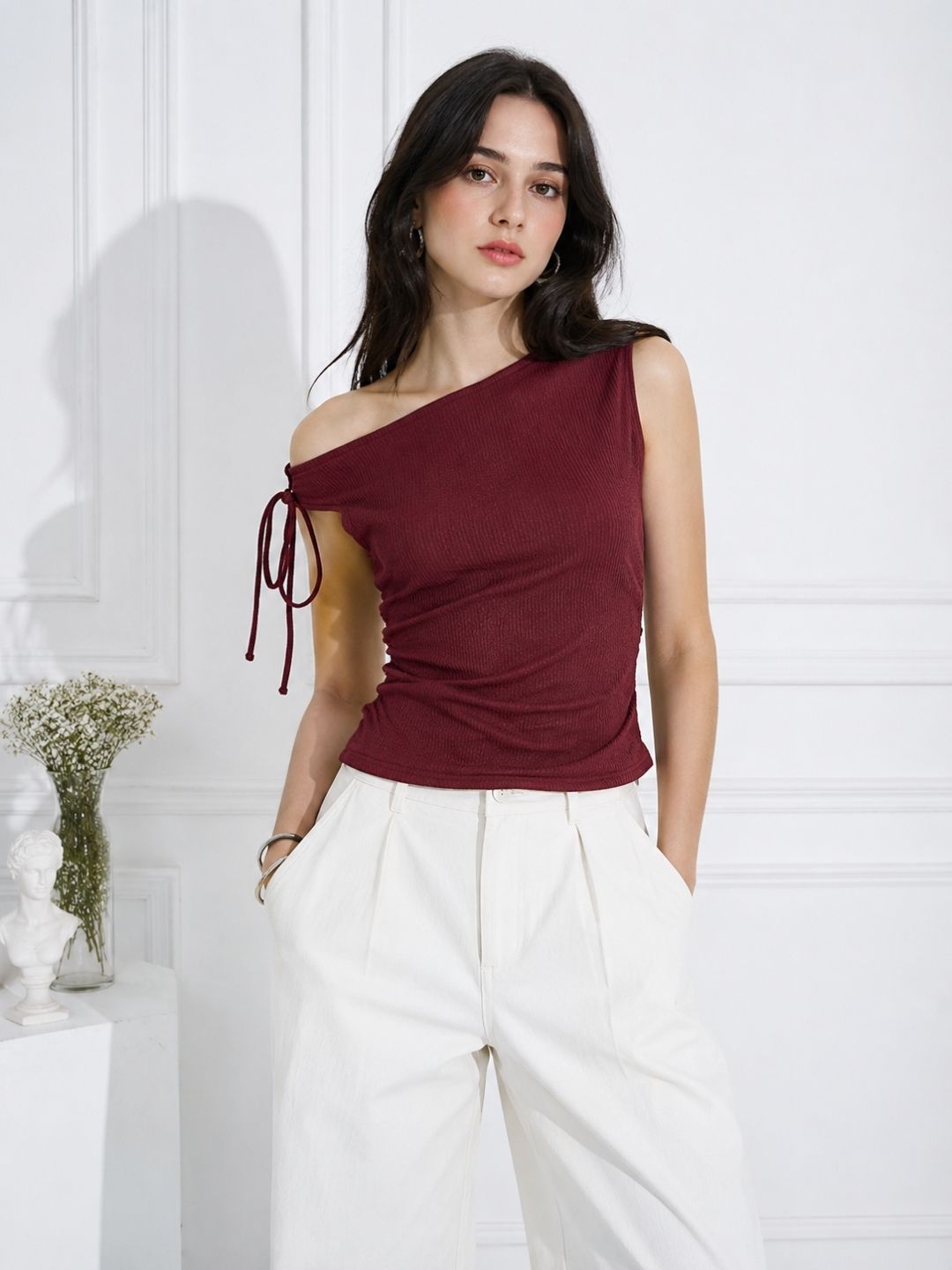 Women's Maroon One Shoulder Tie-up Top