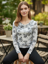 Clobug Women Printed Net Full Sleeve Cowl Neck Blue Crop Top