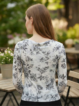 Clobug Women Printed Net Full Sleeve Cowl Neck Blue Crop Top