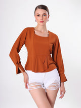 Argan Brown Solid Peplum Top