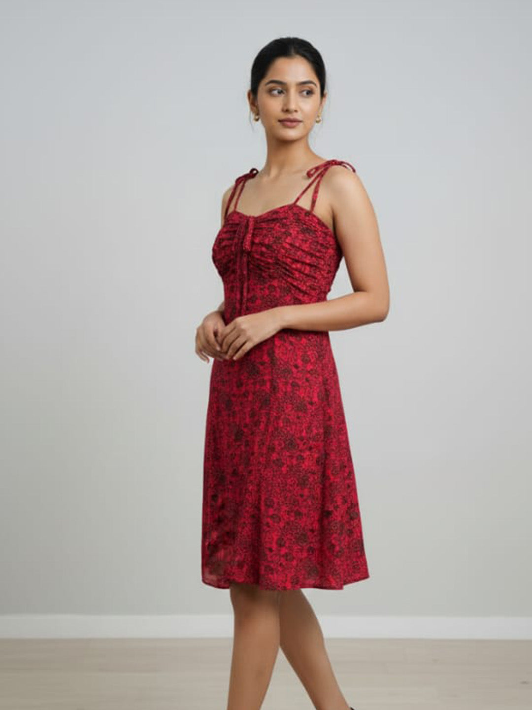 Clobug Women's Floral Print Tie-Strap Midi Dress