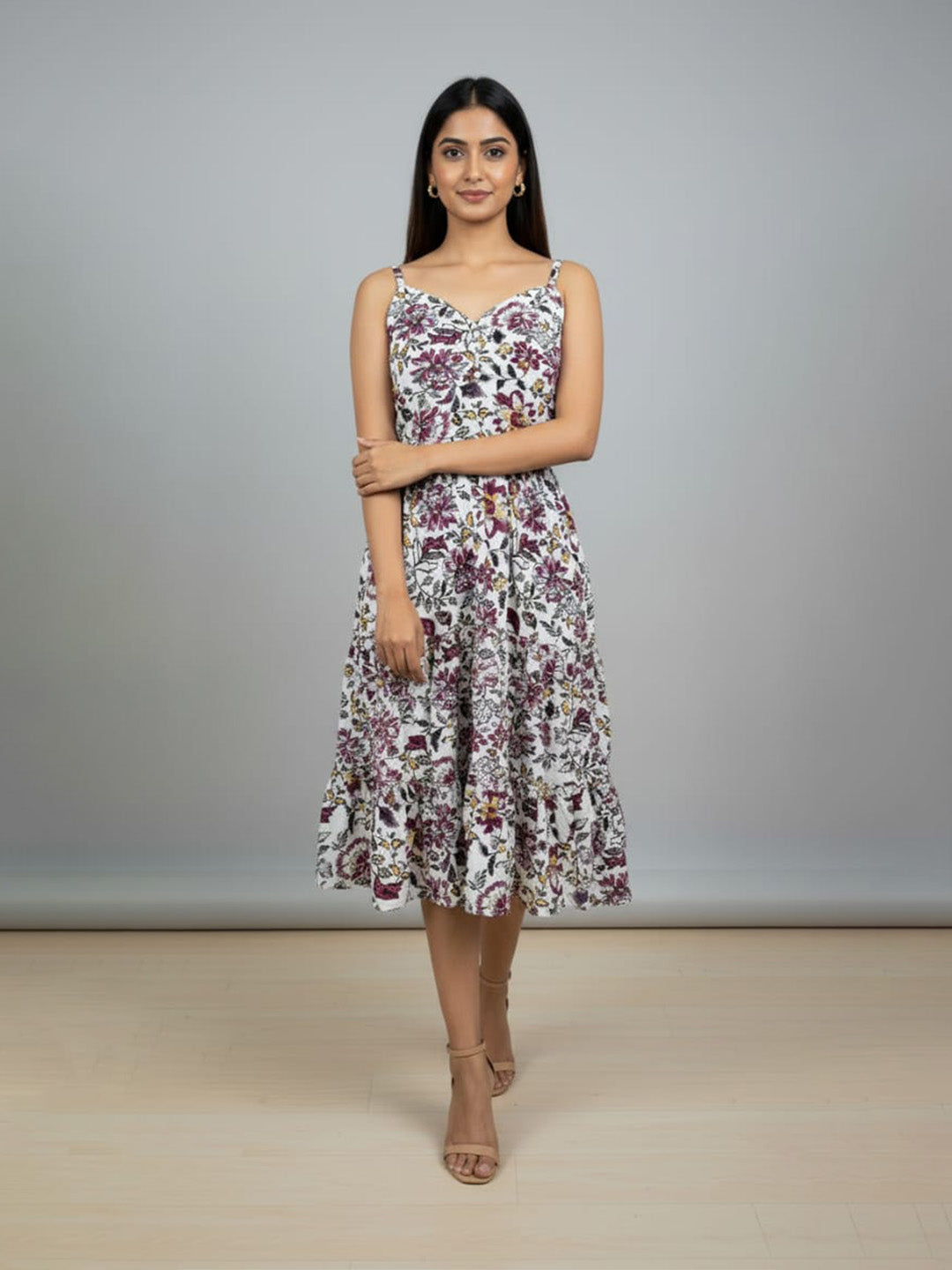 Clobug Women Sweetheart Neck Sleeveless Printed Flared Dress