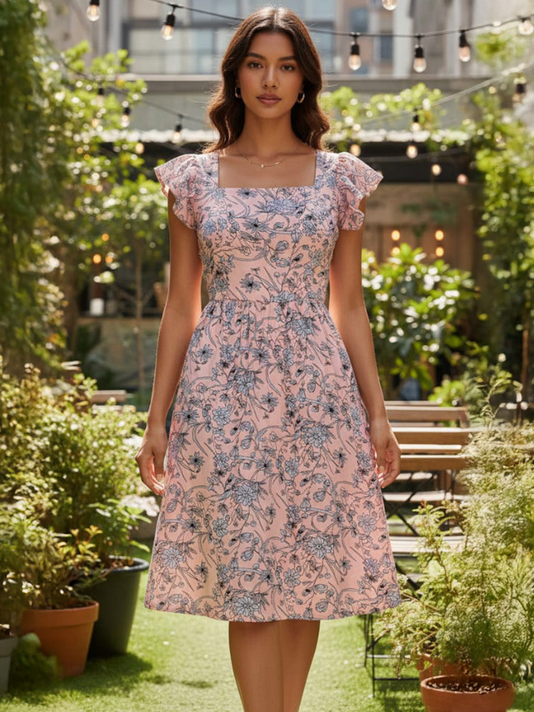 Clobug Women Square Neck Printed Short Sleeve Dress