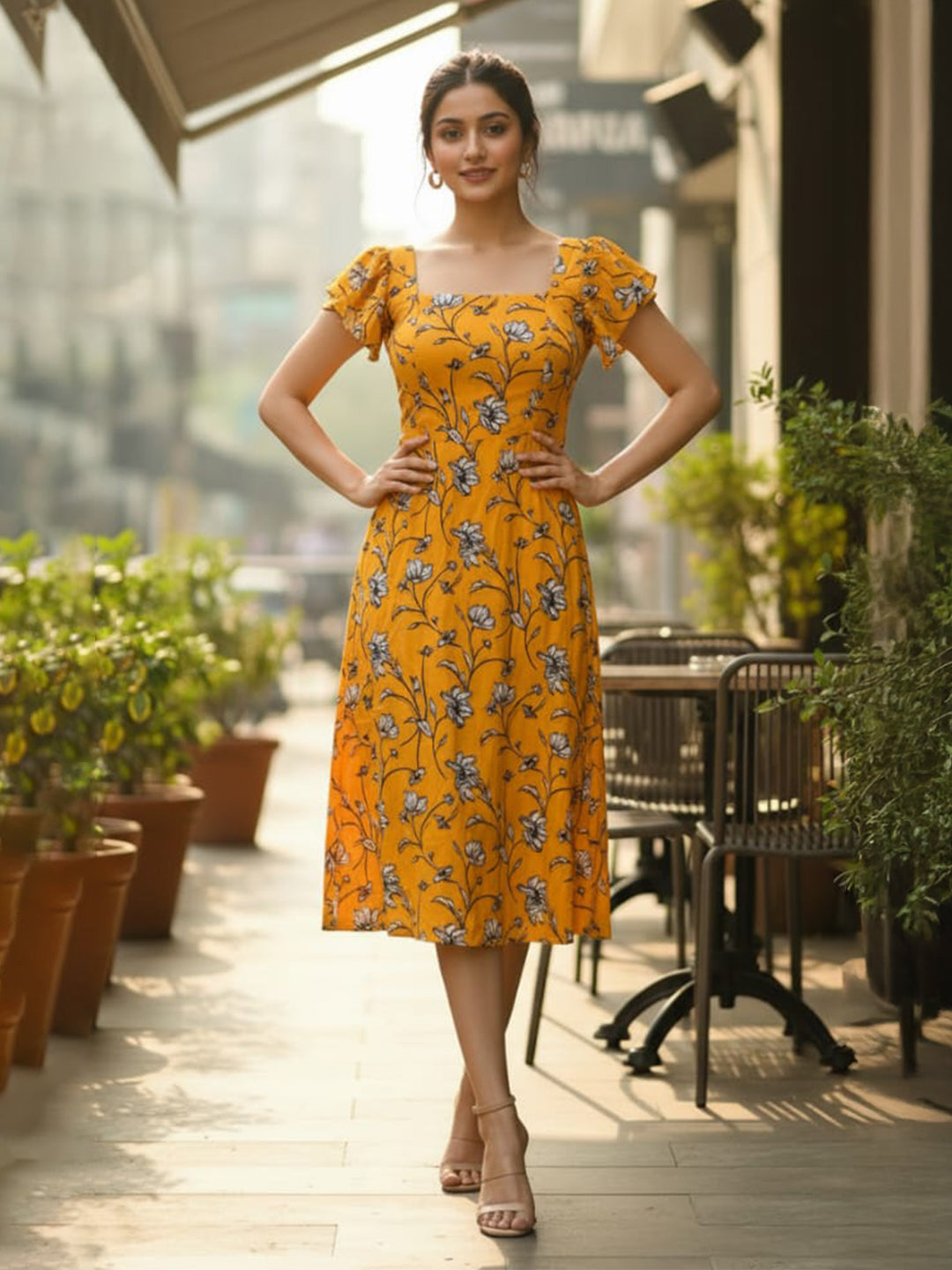 Clobug Women Square Neck Printed Short Sleeve Dress