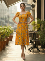 Clobug Women Square Neck Printed Short Sleeve Dress
