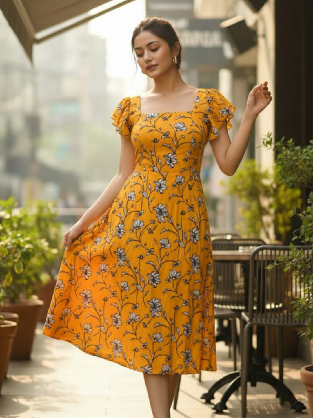 Clobug Women Square Neck Printed Short Sleeve Dress