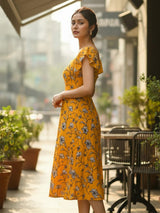 Clobug Women Square Neck Printed Short Sleeve Dress
