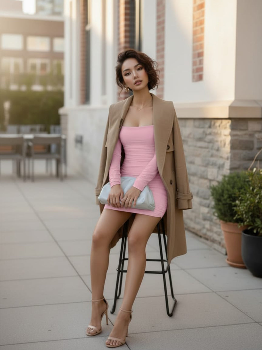 Clobug Women Square Neck Full Sleeve Bodycon Mini Dress