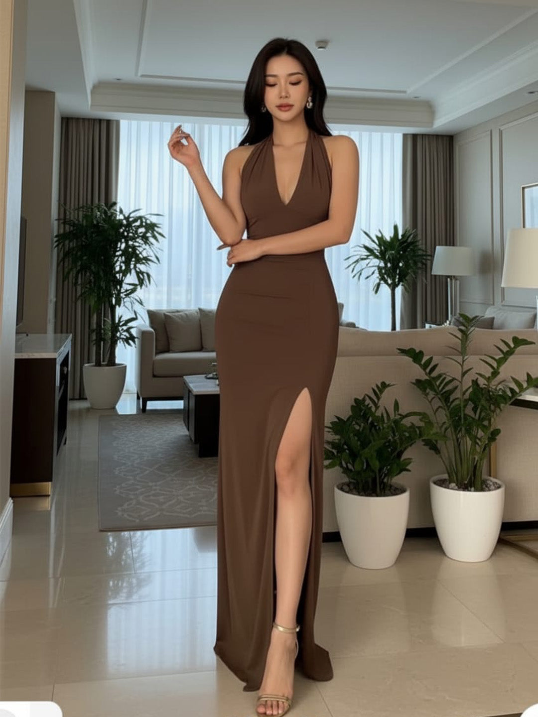 Clobug Women V Neck Sleeveless Bodycon Maxi Dress