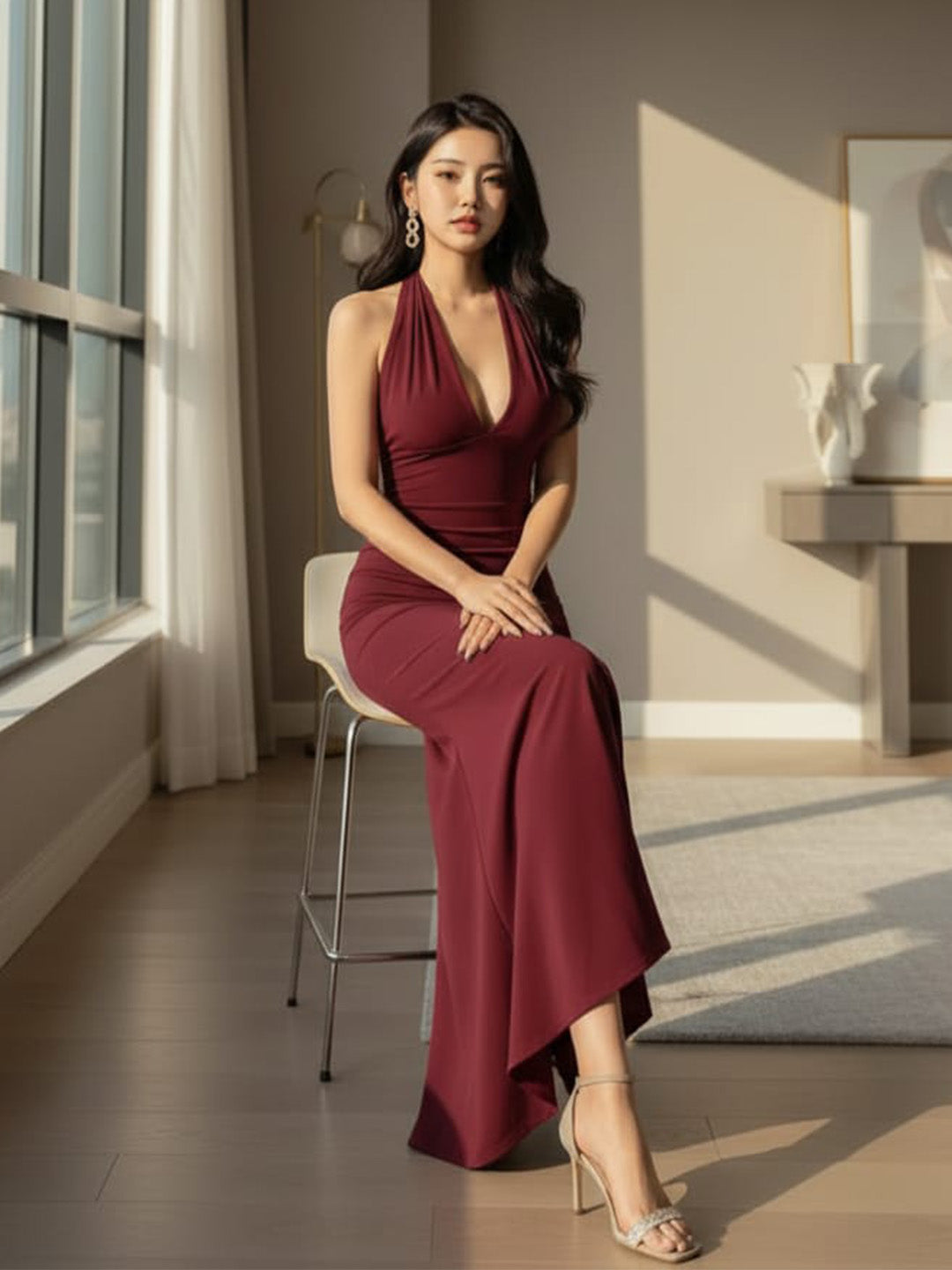 Clobug Women V Neck Sleeveless Bodycon Maxi Dress