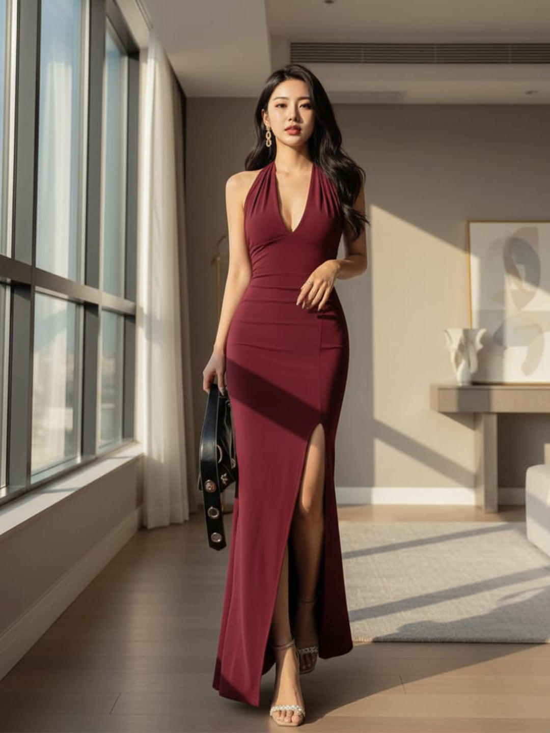 Clobug Women V Neck Sleeveless Bodycon Maxi Dress