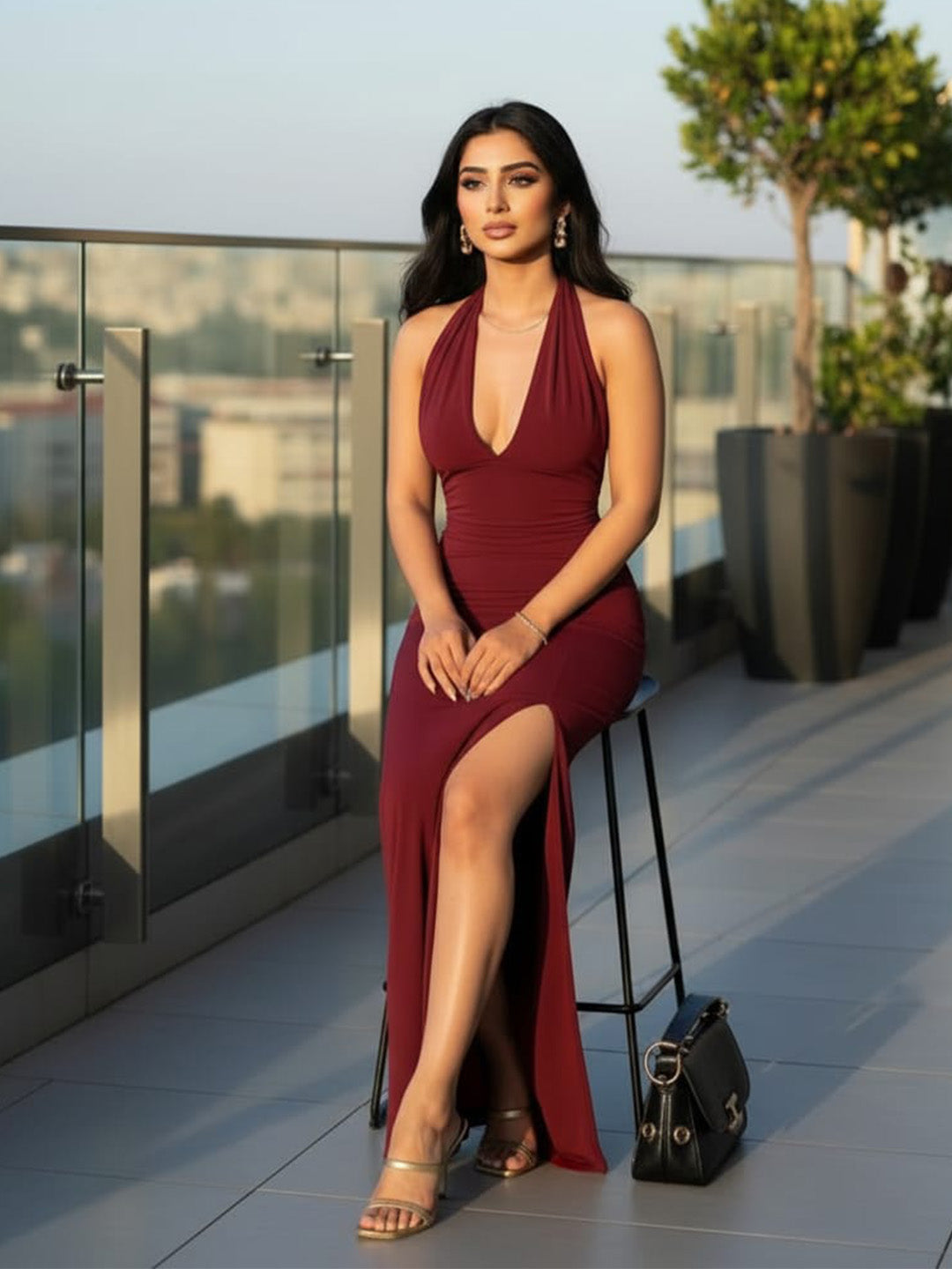 Clobug Women V Neck Sleeveless Bodycon Maxi Dress