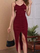 Clobug Women Sweetheart Neck Sleeveless Maroon Dress
