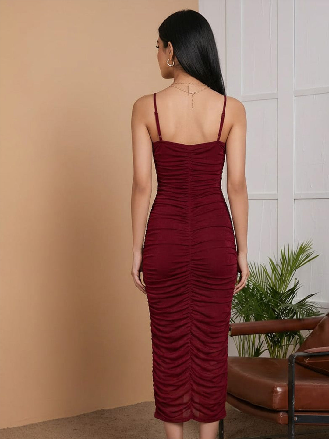 Clobug Women Sweetheart Neck Sleeveless Maroon Dress
