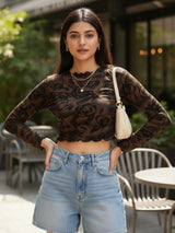 Clobug Women Black Floral Print Top