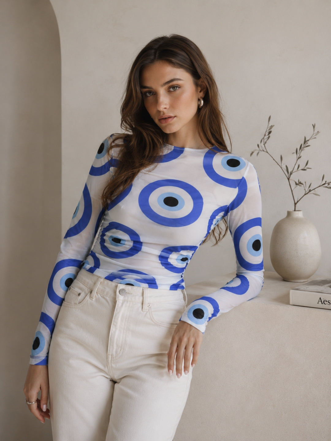 Clobug Women Full Sleeve Evil Eye Print Top