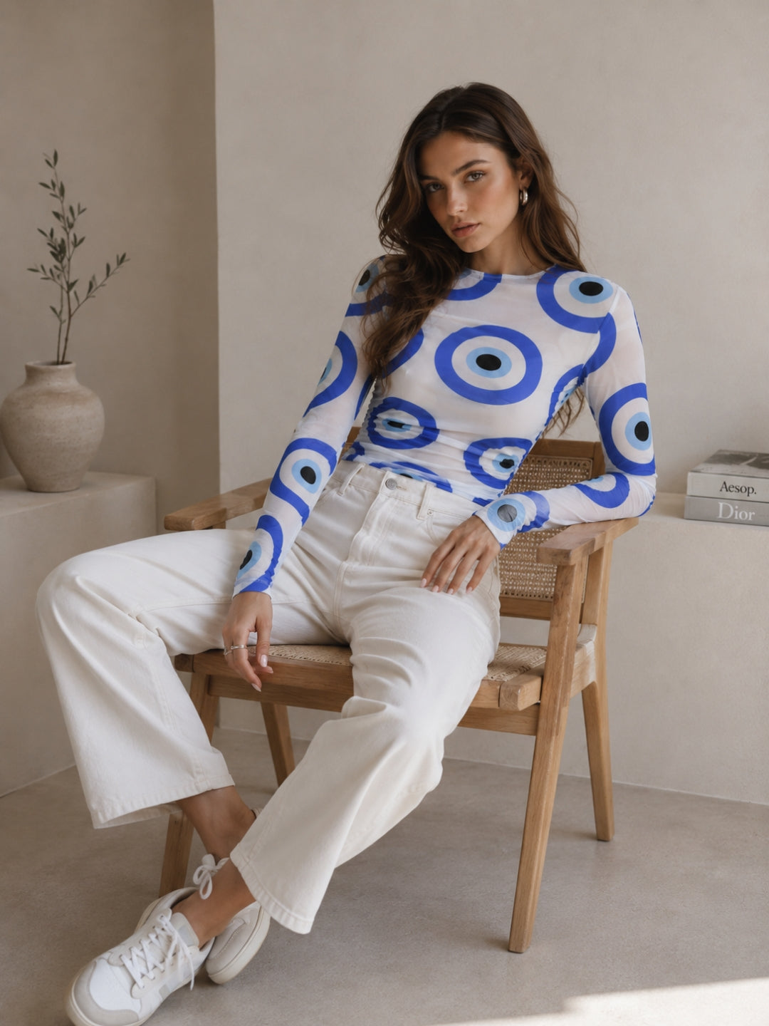 Clobug Women Full Sleeve Evil Eye Print Top