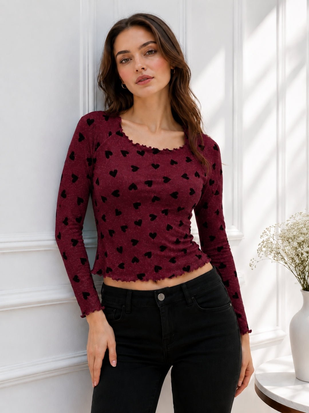 Women Heart Print Full Sleeve Top