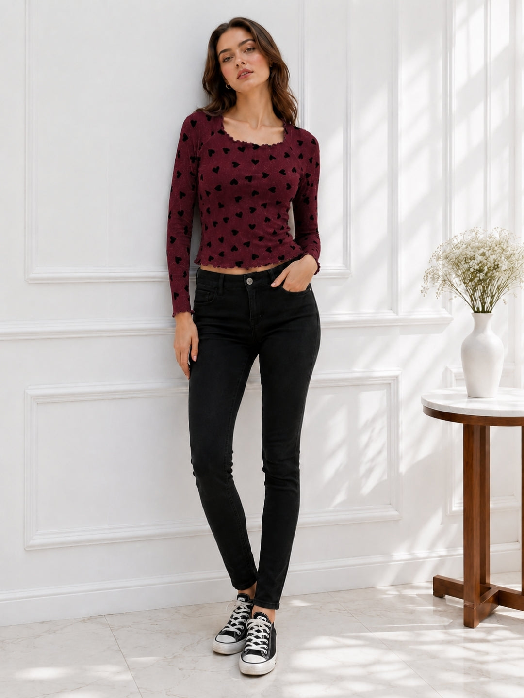 Women Heart Print Full Sleeve Top