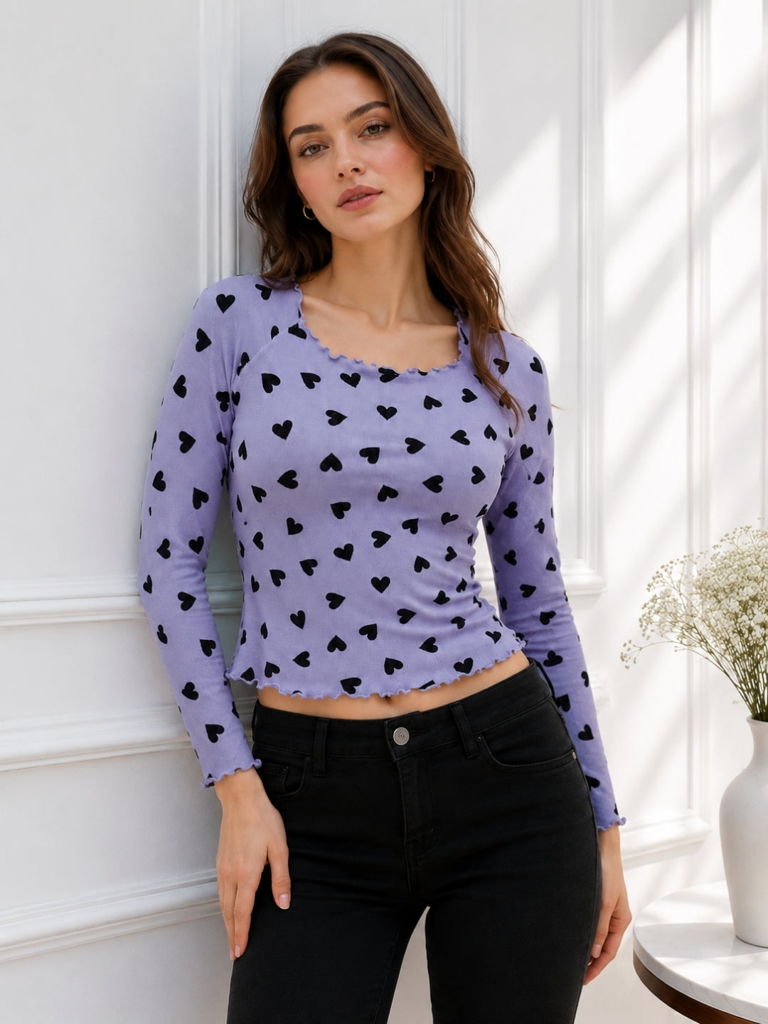 Women Heart Print Full Sleeve Top