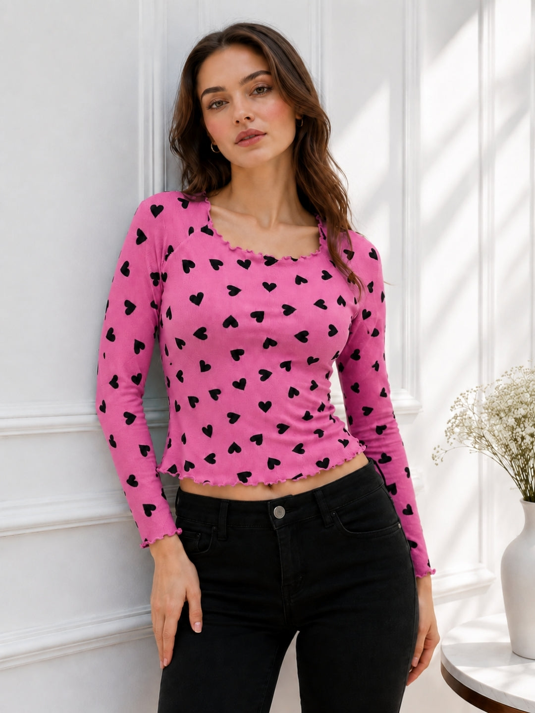 Women Heart Print Full Sleeve Top