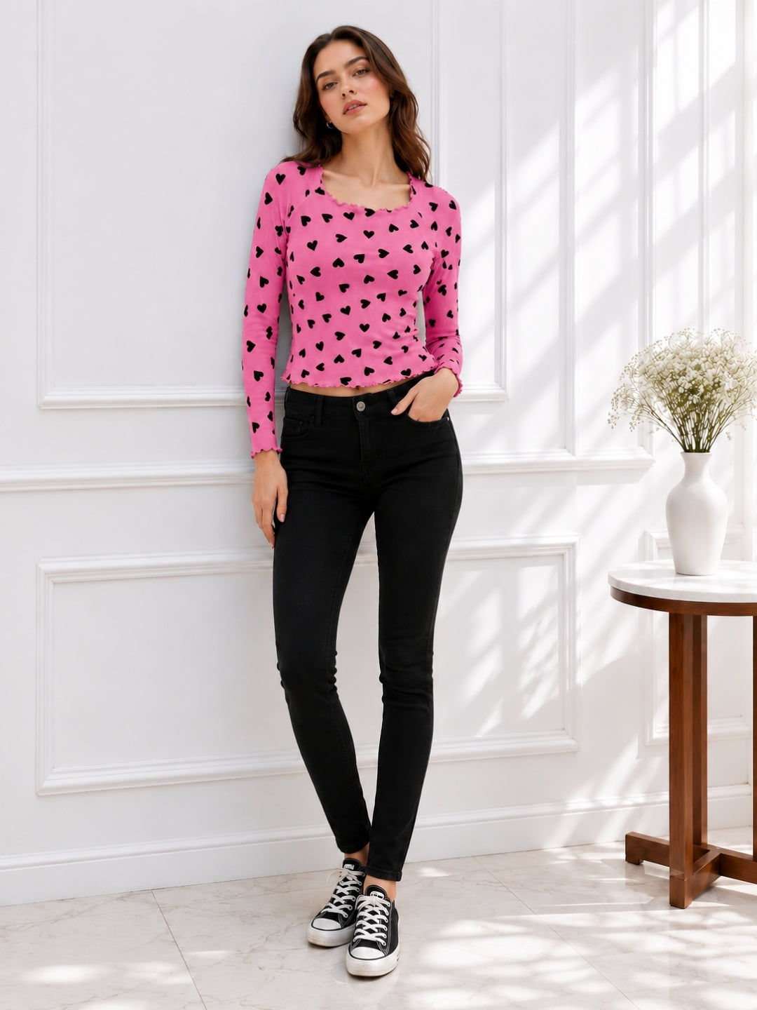 Women Heart Print Full Sleeve Top