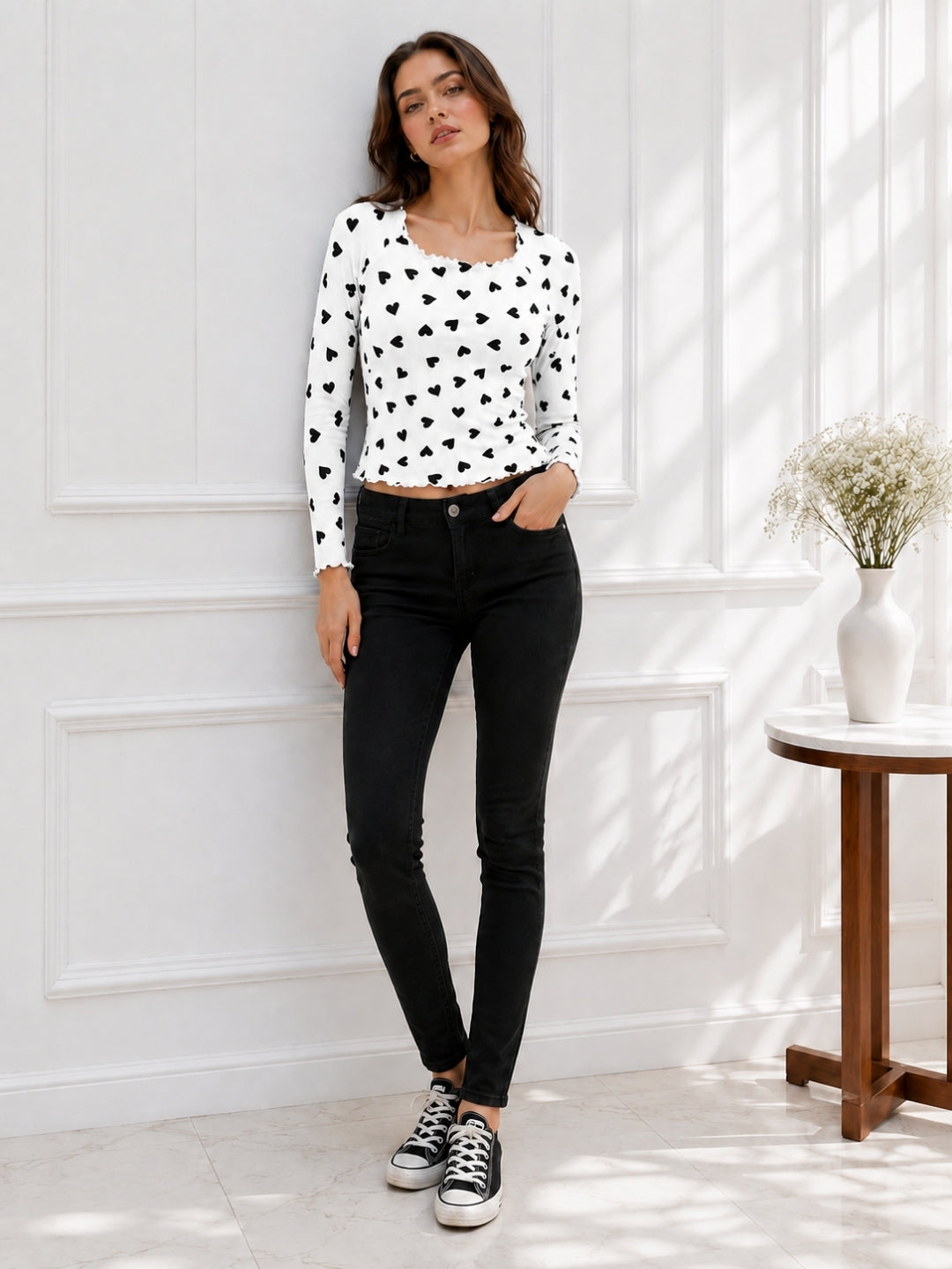 Women Heart Print Full Sleeve Top