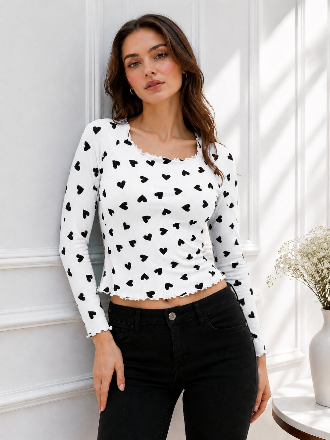 Women Heart Print Full Sleeve Top