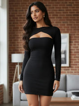 Clobug Women Black Full Sleeve Keyhole Neck Bodycon Mini Dress