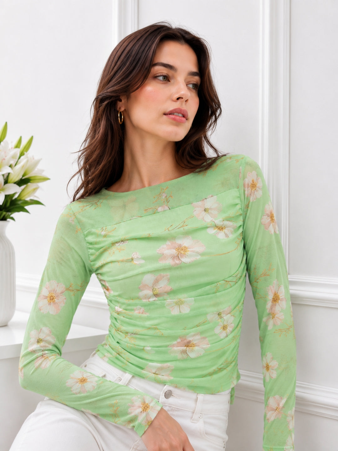 Clobug Women Floral Print Net Top