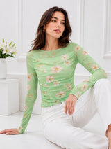 Clobug Women Floral Print Net Top