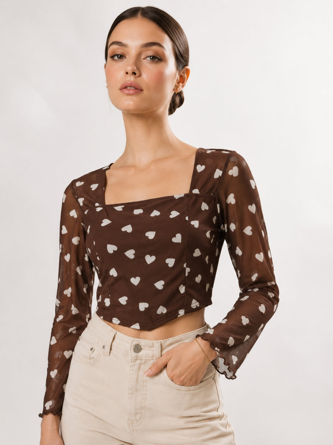Clobug Women Square Neck Heart Print Top