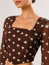 Clobug Women Square Neck Heart Print Top