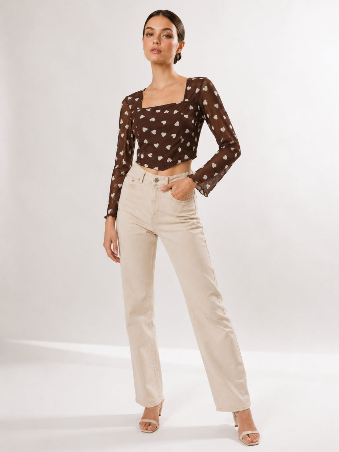 Clobug Women Square Neck Heart Print Top