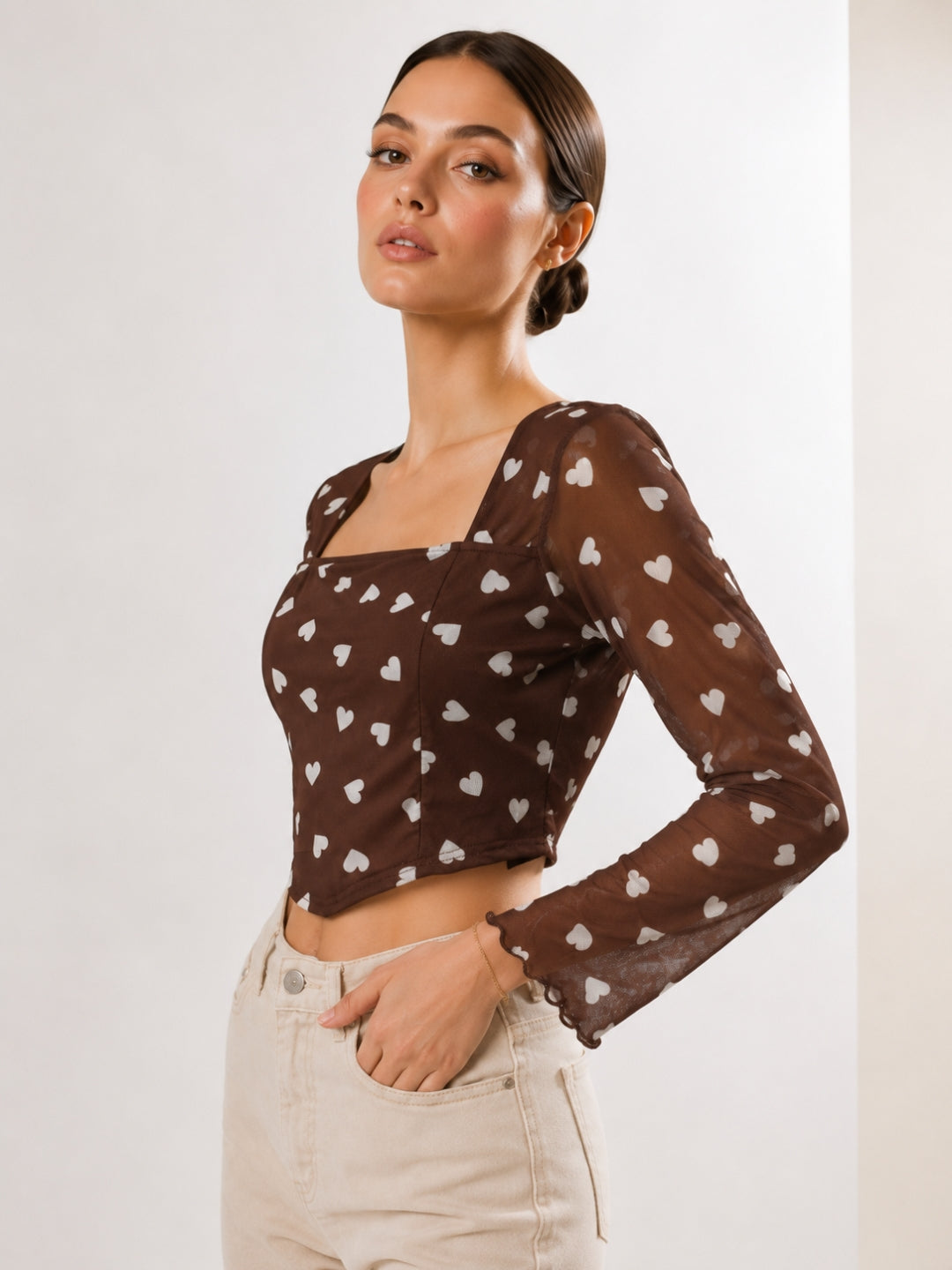 Clobug Women Square Neck Heart Print Top