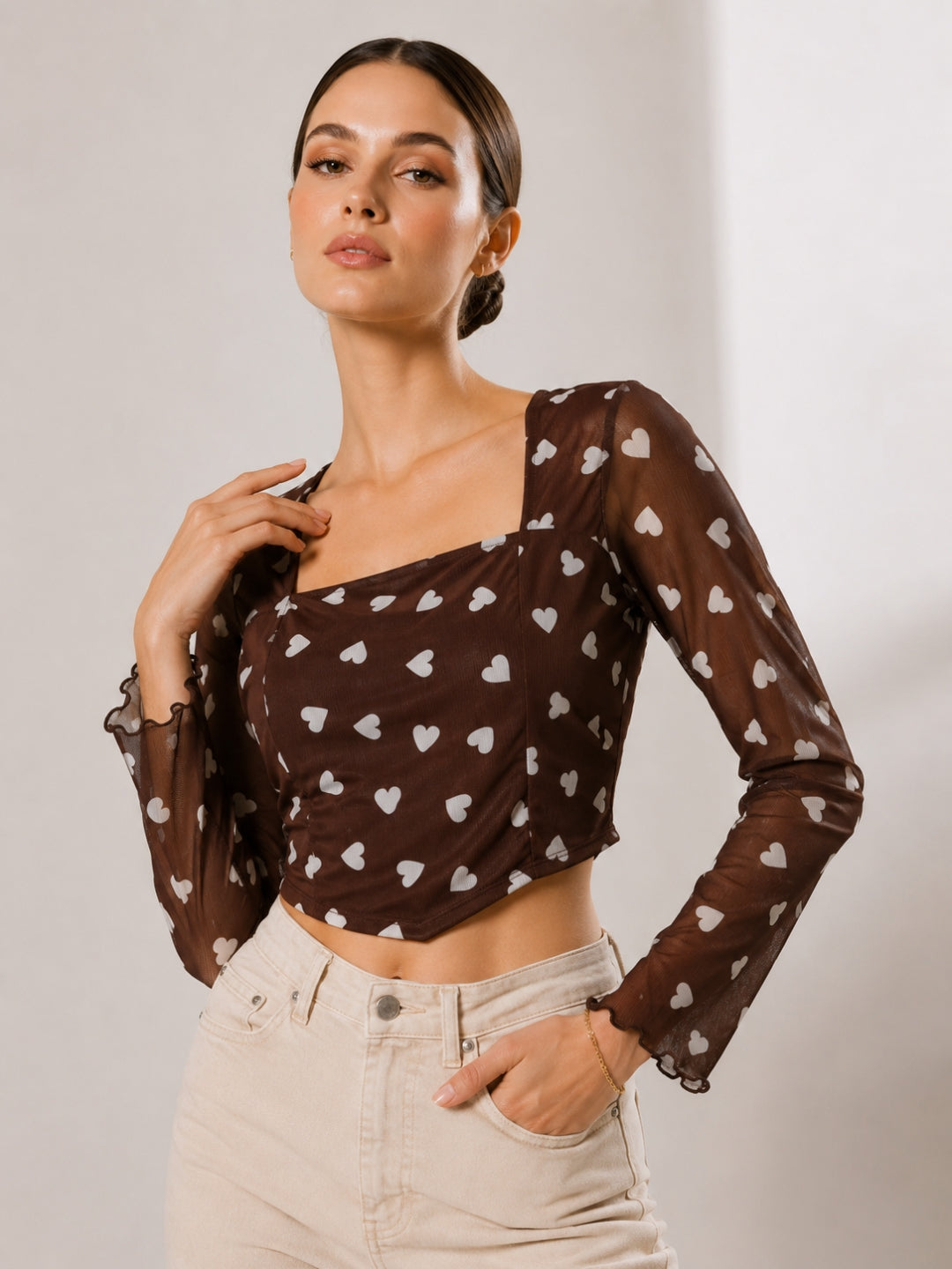 Clobug Women Square Neck Heart Print Top