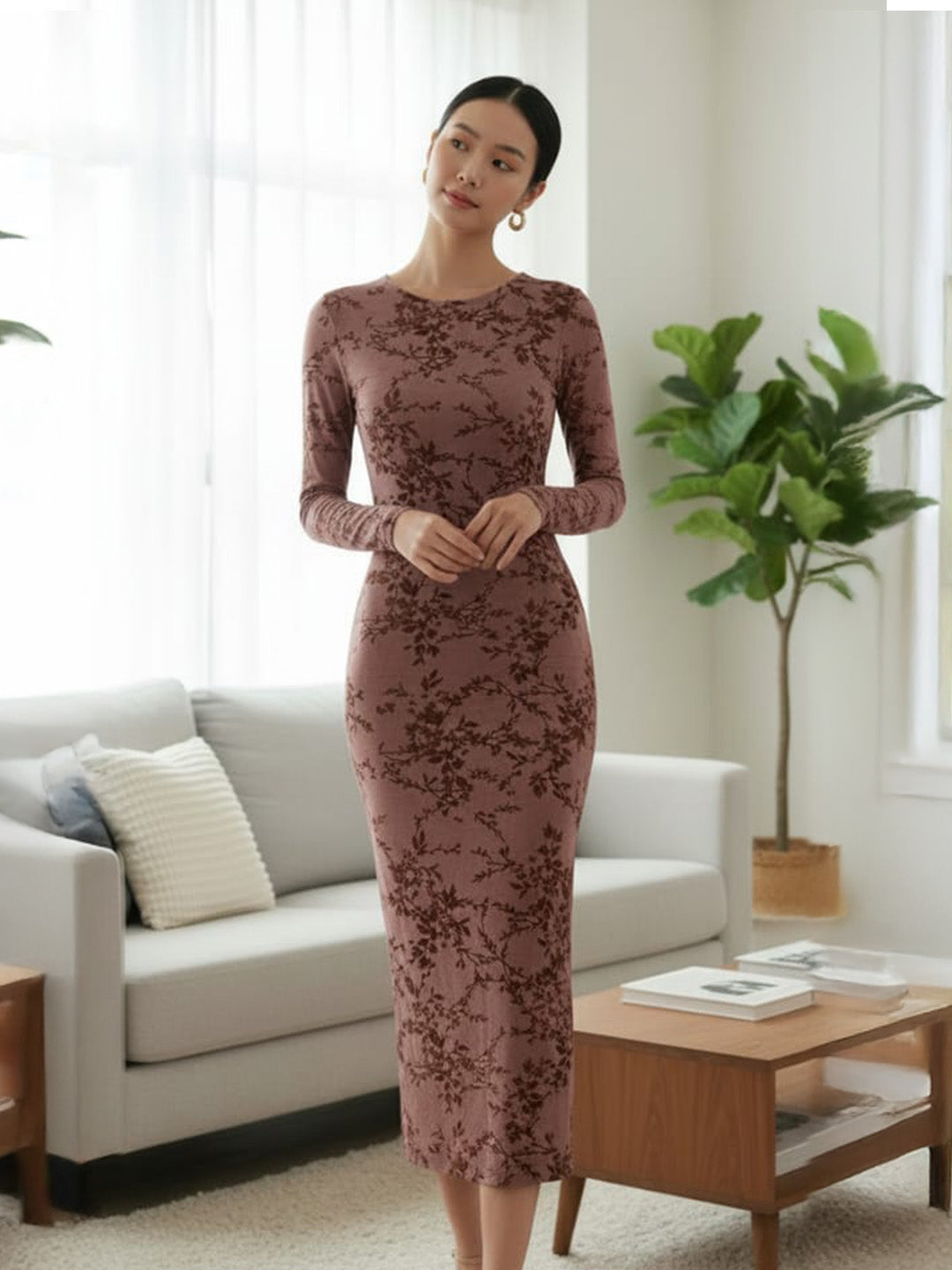 Clobug Women Full Sleeve Boat Neck Printed Mesh Midi Dress