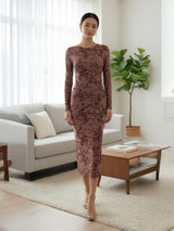 Clobug Women Full Sleeve Boat Neck Printed Mesh Midi Dress