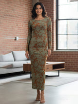 Clobug Women Full Sleeve Boat Neck Printed Mesh Midi Dress
