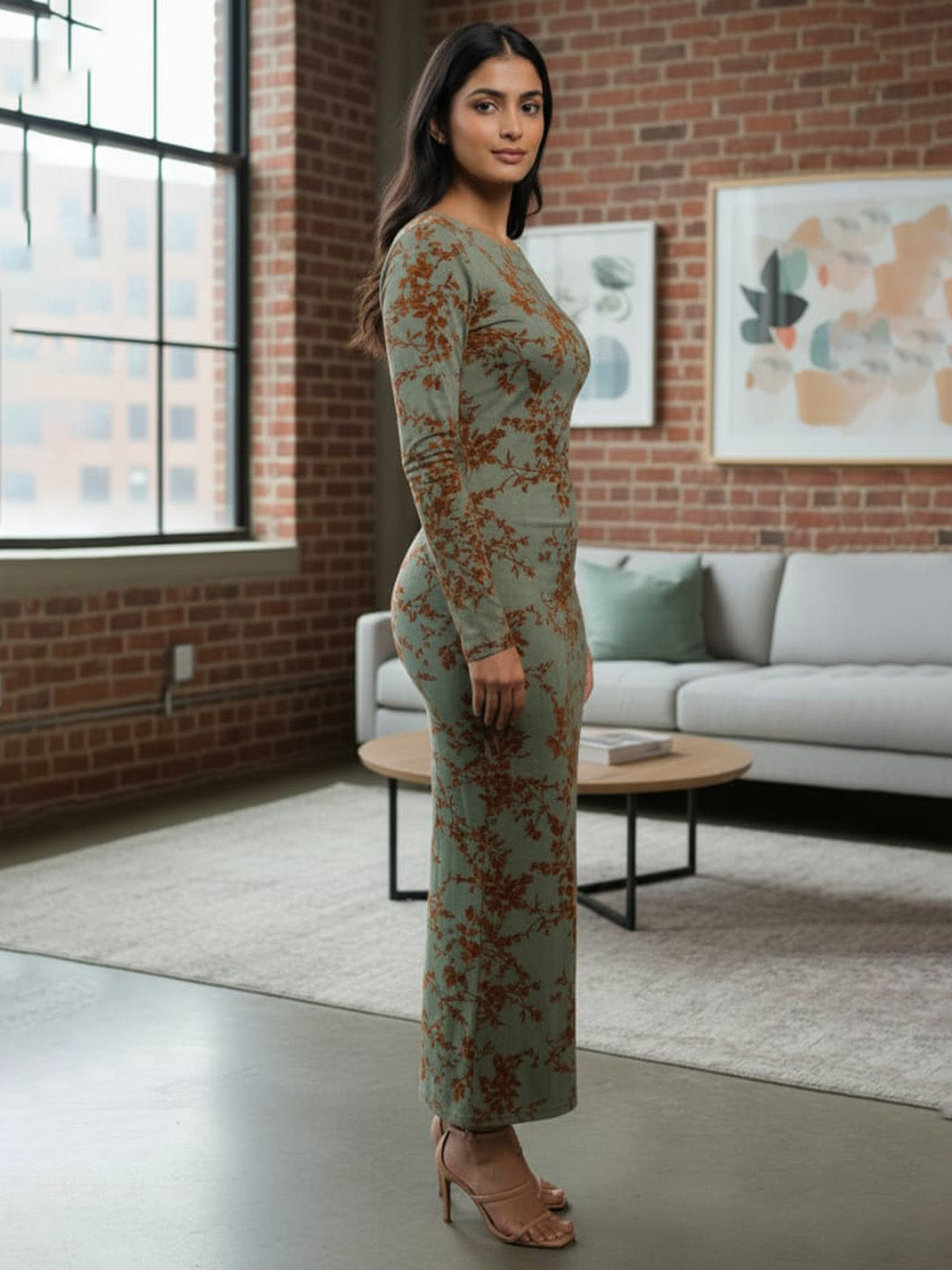 Clobug Women Full Sleeve Boat Neck Printed Mesh Midi Dress