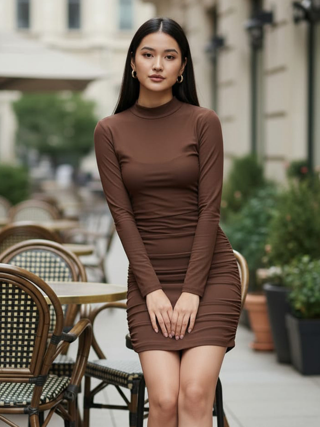 Clobug Women High Neck Full Sleeve Bodycon Dress